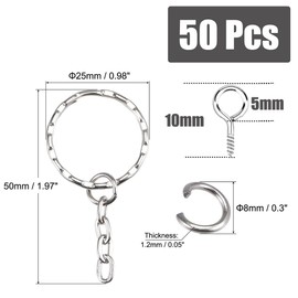 LEEQ 50 Pieces Key Ring Key Chain Rings Split Keyrings with Link Chain, 50 Pieces Open Jump Rings and 50 Pieces Screw Eye Pins for Crafts（25 mm Diameter）