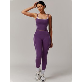 QBGJTD Womens Workout Sets Two Piece Spaghetti Straps Back Tank Top Matching Tummy Control High Waist Leggings Set 2 Piece For Women Gym Yoga Active Wear Outfits Athletic Work Out Clothes Purple S