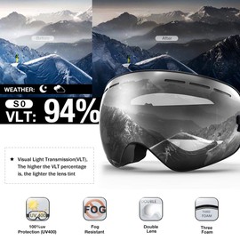 ZIONOR X Ski Snowboard Snow Goggles OTG Design for Men Women Adult with Spherical Detachable Lens UV Protection Anti-Fog (VLT 94% Black Frame Clear Lens)