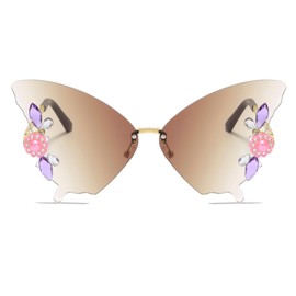 YAMEIZE Vintage Rhinestone Butterfly Rimless Sunglasses - for Women Men Trendy Diamond Crystal Butterfly Shaped Rhinestone Butterfly Eyewear UV Protection Party, Brown gradient