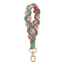 XGALBLA Beautiful Two-tone Macrame Keychain Boho Handmade Wristlet Bracelet Keychain Flower and Flower Branch Wrist Lanyard Handmade Weave Exquisite Holder for Women(Pink and Green)