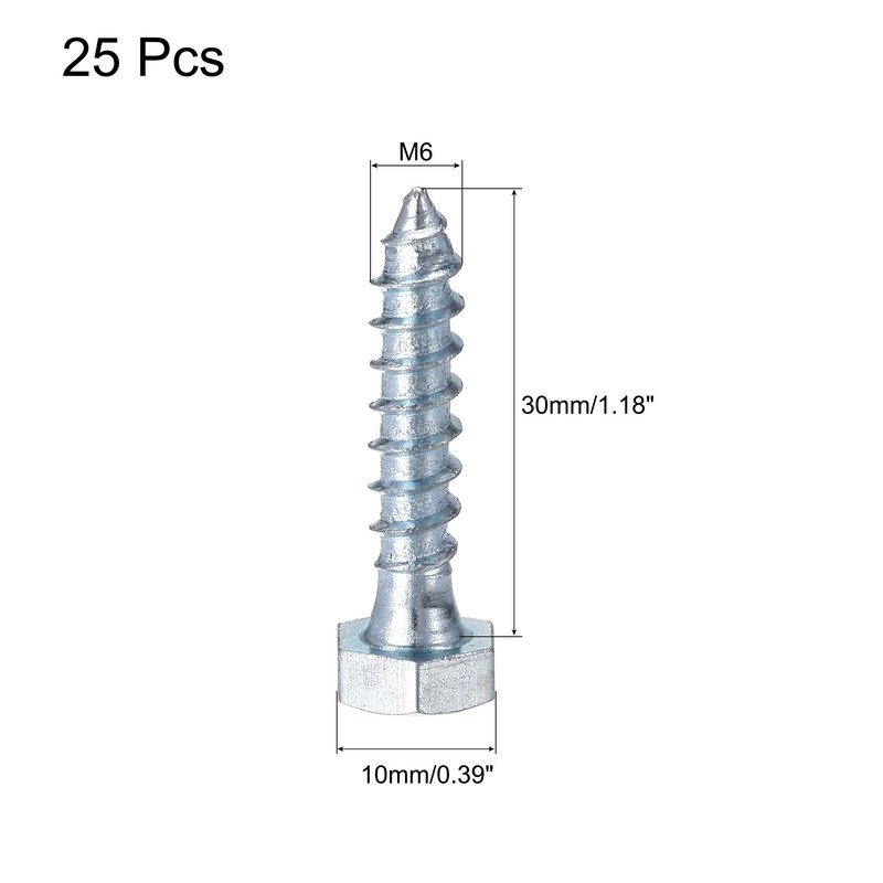 sourcing map Hex Lag Screws, M6 x 30mm Carbon Steel