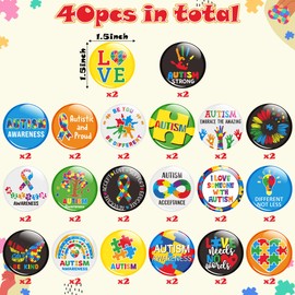 Dvbonike 40Pcs Autism Awareness Party Favor Button Pins - Novelty Colorful Pieces Ribbon Round Badge World Autism Awareness Day Pin Special Education Inspirational Supplies for Clothe Bag Accessories