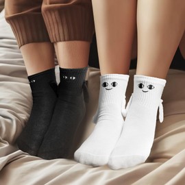 2 Pairs White Magnetic Hand in Hand Socks, Funny 3D Friendship Socks, Magnet, Medium Tube, Cute with Smiley Face, Gifts for Unisex Adults and Teenagers, White