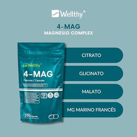 Wellthy 4-MAG Magnesio Complex 200 Cápsulas. Equivalente a 360mg de Magnesio. Citrato de Magnesio, Glicinato de Magnesio, Malato de Magnesio y Magnesi