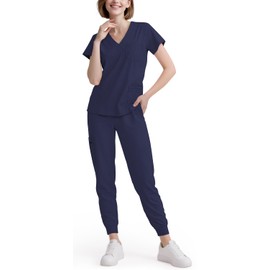 Eadflie Scrubs for Women Set - 8-Pocket V-Neck Scrub Uniform | Stretch Jogger Pants (Navy Blue/S) | Medical Workwear for Nurses, Dentists, Pet Care