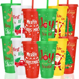 Kochorie 12 Pieces Christmas Plastic Cups 24oz Reusable Plastic Tumbler with Lids and Straws Bulk Christmas Holiday Drinking Cups for Xmas Party Supplies, 6 Designs