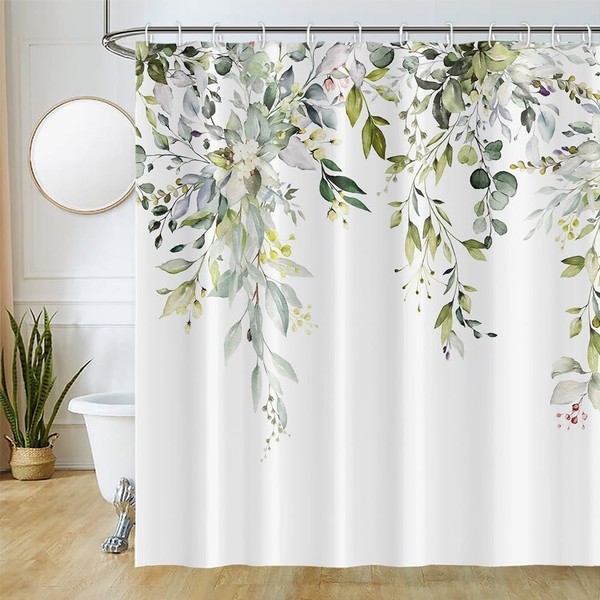 Uiiooazy Shower Curtain, Eucalyptus Green, Shower Curtain, Watercolour Leaves, Flowers,