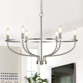 FookChak Brushed Nickel Chandelier, 6-Light Dining Room Chandelier Chrome Light Fixture Metal Candle Kitchen Chandeliers 28inch Round Chandeliers with Long Chain for Bedroom Living Room
