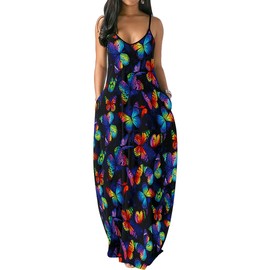 Chaos World Women's Maxi Dress V-Neck Strappy 3D Print Loose Summer Casual Dress(Small,Colorful Butterfly)