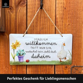 LANOLU Retro Tin Sign "Herzlich Willkommen" Sign – Welcome Decorative Garden, Sign for Front Door and Entrance Door with Saying – Welcome Sign as Door Decoration with Jute Cord 16 x 32 cm