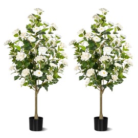Hylmiip 4FT Artificial Camellia Tree 2 Pack, Artificial Plants Outdoor Faux Floral Plant in Cement Pot Fake Silk Camellia Tree Plants for Home House Living Room Office Decor