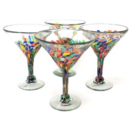 Dos Sueños Mexican Hand Blown Glass – Set of 4 Hand Blown Modern Margarita Glasses - Confetti Carmen (12 oz)