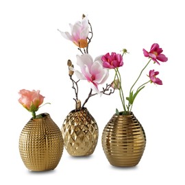 WHW Whole House Worlds Iconic Golden Vases, Set of 3, 1 Faceted, 1 Ringed and 1 Diamond Pattern, Electroplated, Ceramic, Stoneware, Gourd Shaped, 5 Inches, Bud Opening, Centerpiece Display
