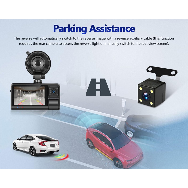 3 Channel Dash Cam Front and Rear Inside, 3 Inch