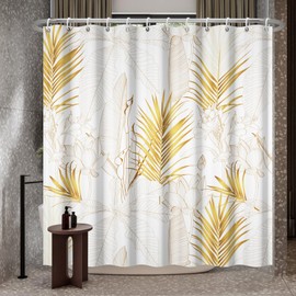 Bovlleetd 152 x 183 cm Gold Plant Shower Curtain Lotus Palm Leaf Bathroom Curtain Simple Banana Leaf Shower Curtains Waterproof Bath Curtain Art Bathroom Decorative Curtain with Hooks