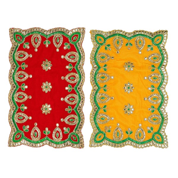Set of 2 Red and Orange Velvet Pooja Cloth Mat Aasan Decorative Cloth (Size:-12 Inches X 09 Inches) for Multipurpose Pooja Decorations Item & Article