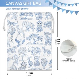 DSHFG Blue Birthday Drawstring Gift Wrap Bags, Safari Toile Chinoiserie Animals Baby Shower Drawstring Gift Bags Canvas, Blue and White Small Happy Birthday Bag, 10x13 Inch
