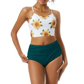 ZAFUL Women's Crisscross Ruched High Waisted Bikini Set Two Piece Floral Print Swimsuit Lace Up Padded Tankini Greenish Blue M