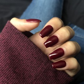 KQueenest Acrylic Press on Nails Short Medium Coffin, Burgundy Red False Nails Short Ballerina, Glossy Natural Solid Color Fake Nails Set, Reusable Gel Stick on Nail for Women Finger Daily Wear 24 Pcs