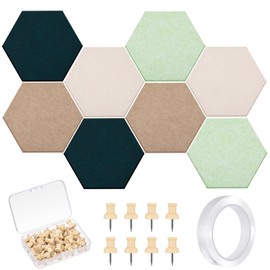 Mindsoft 16 Pcs Hexagon Cork Board for Walls with 50 Wooden Push Pins 12x10 in Felt DIY Tiles Notice Self Adhesive Hanging Bulletin Board for Home Photo Office Memo Note (Green)