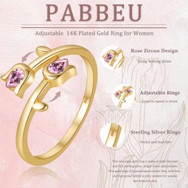 PABBEU Gold Ring for Women 14K Gold Plated Open Ring Adjustable Gold Ring With Cubic Zirconia Hypoallergenic Rose Thumb Rings for Women/Wife/Girlfriend Gift
