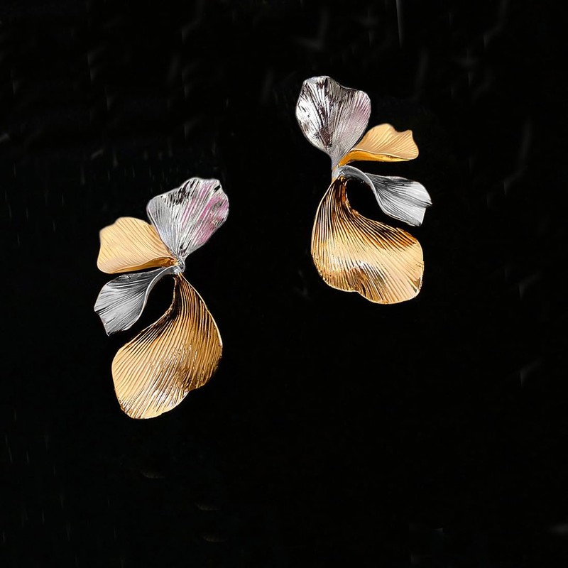 LOKLIFFAI Flower Earrings For Women, Two Tone Design Statement Drop
