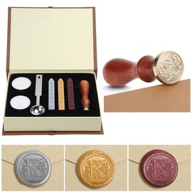 Sealing Wax Set, Classic Old-Fashioned Antique Wax Stamp Seal Kit Initial Letters Alphabet Set Gift Box with Vintage Wooden Handle and Brass Colour Head, Seal Stamp Wax Set, Gift Box (K)
