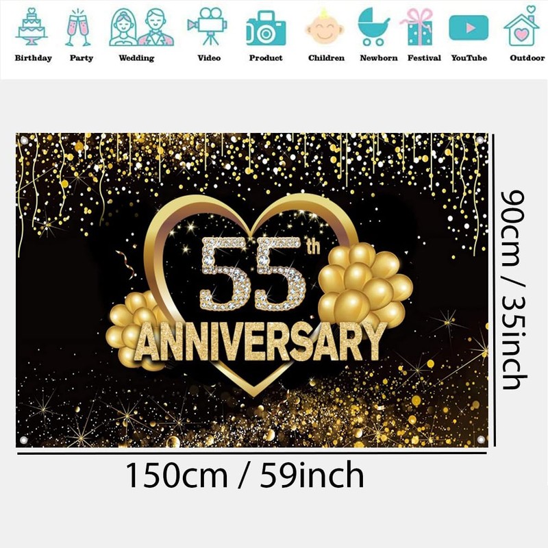 Happy 55th Anniversary Banner Backdrop Decorations, Wedding Anniversary 55th Happy