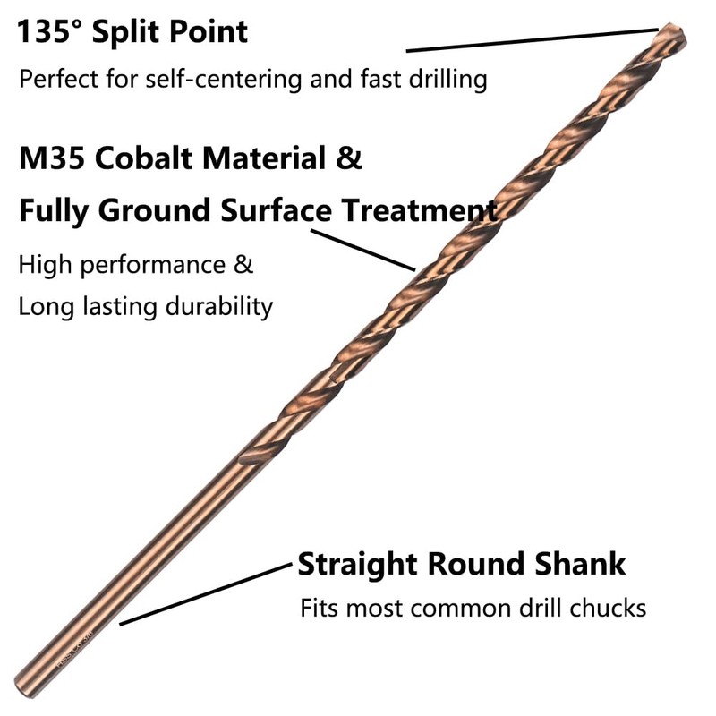 VALYRIANTOOL Cobalt Extra Long Drill Bits Set(5PCS), M35 High Speed