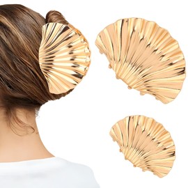 Hotalisona Gold Shells Claw Clip Metal Fancy Big Extra Large + Small Seashells Claw Hair Clips for Thick Beach Hair Accessories for Women Girls(2 Pcs)