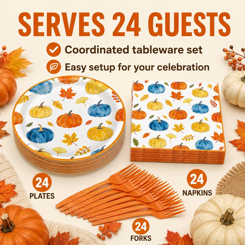 72Pcs Fall Paper Plates and Napkins Set, Autumn Pumpkin Dessert