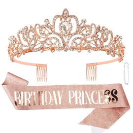 CIEHER Princess Crown and Birthday Sash Set, Birthday Crown Birthday Girl Crown Birthday Tiara for Women Birthday Princess Crown Birthday Decorations Birthday Sash for Girls Birthday Gifts - Rose Gold