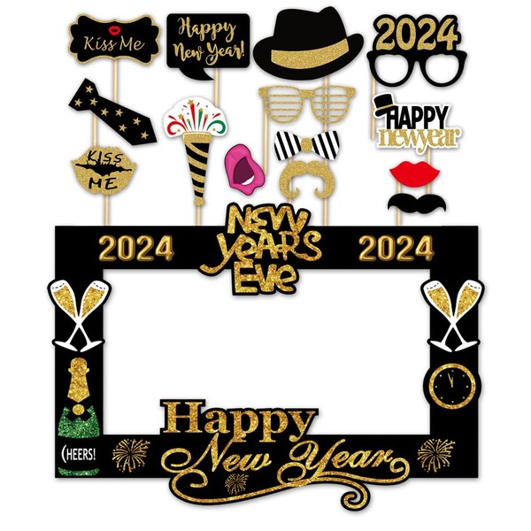 SWSATYW 2024 Happy New Year's Eve Party Decoration Photo Booth Props Supplies with Paper Frame(Pack of 15)