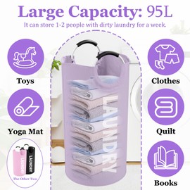IHOMAGIC 3Pack Folding Clothes Hamper with Handles, 95L Tall Laundry Basket Organizer, Durable Laundry Bags, Large Dirty Clothes Hamper for Family, Travelling, Camping, Purple + Pink + Black
