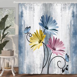 Rustic Farmhouse Shower Curtain, Farm Blue Daisy Floral Flowers and Butterfly on Country Wooden Shower Curtain for Bathroom, Turquoise Pink Yellow Bathroom Shower Curtains with 12PCS Hooks, 70X70IN