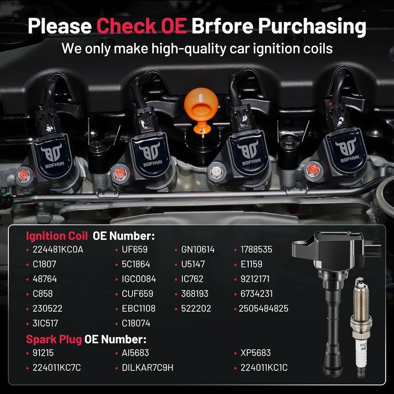 Pack of 4 Ignition Coil + Spark Plugs For Nissan