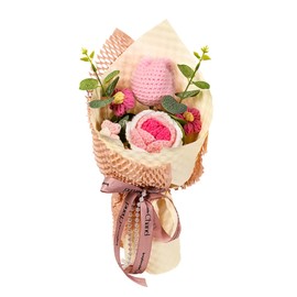 Wasise Crochet Flower Bouquet - Roses Tulips Pink Plush Bouquet, Valentines Day, Mothers Day, Graduation Bouquets Crafts Decor, Artificial Flowers, Hand-knitted Wool Bouquets Finished Product