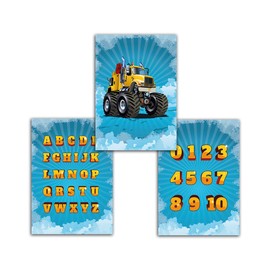 Poster for Children's Room, Monster Truck, Numbers, Letters, ABC Poster, Boys Decoration for Baby Room, Wall Pictures, A4 (Pack of 3)