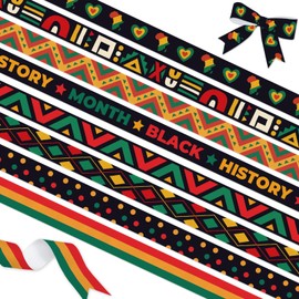 YKW 8 Pack Black History Month Ribbon, 3/8 Inch x 3 Yards Each, African Pattern Grosgrain Ribbon, Cultural Decorative for School Classroom Party Gift Wrapping