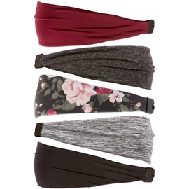 Hipsy Adjustable Cute Fashion Sports Headbands Xflex Wide Hairband for Women Girls & Teens (5pk Black/Grey/Floral/Charcoal/Burgundy Xflex)