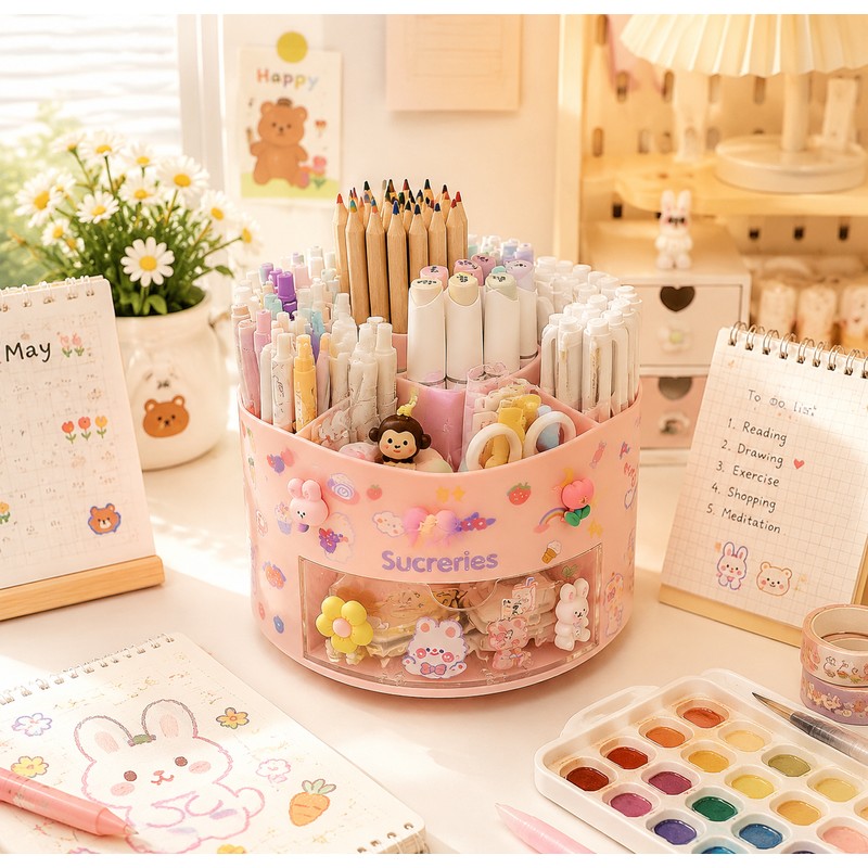 Cute Rotating Pen Holder Organizer for Desk Storage – Kawaii