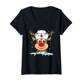 Womens Reindeer Nurse Xmas Nursing Scrub Tops Christmas Pajamas V-Neck T-Shirt