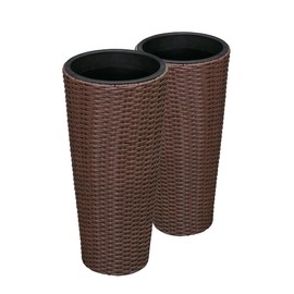 Balkene Home Noah Round Wicker Planter Tall Planter Decor Box for Adaptable Outdoor Furnishings All Weather Versatile Perfect Patio Herb Garden Living Space - 2 Piece Set - Mocha