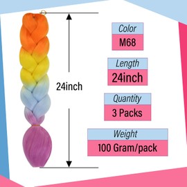 3 Packs Ombre Braiding Hair Extensions 24 Inch 4 Tone Orange to Yellow to Blue to Purple Braiding Hair High Temperature Synthetic Fiber Hair Extensions for Braiding Hair（M68）