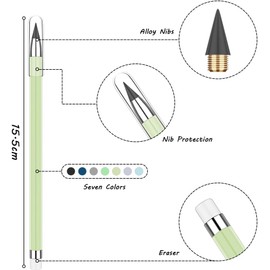 Vicloon Inkless Pencils, 7pcs Everlasting Pencil, Infinity Pencil Replaceable Nib Inkless Pencil and White Eraser Replaceable Graphite Nib for Kids,Adults,Home,Office,School Supplies (Green)
