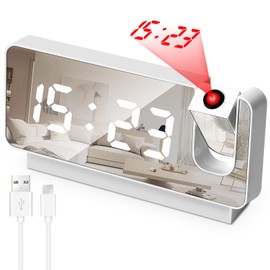 Digital Alarm Clock with Projection, Projection Alarm Clock LED Display with USB Charger, Travel Alarm Clock Projection Clock for Bedroom, Office, Kitchen, White