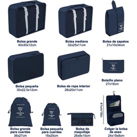 10 Bolsas Organizadoras de Viaje para Maletas, Set de Cubos Organizadores de Equipaje Impermeables y Plegables para Ropa, Zapatos, Cosméticos y Accesorios, Azul