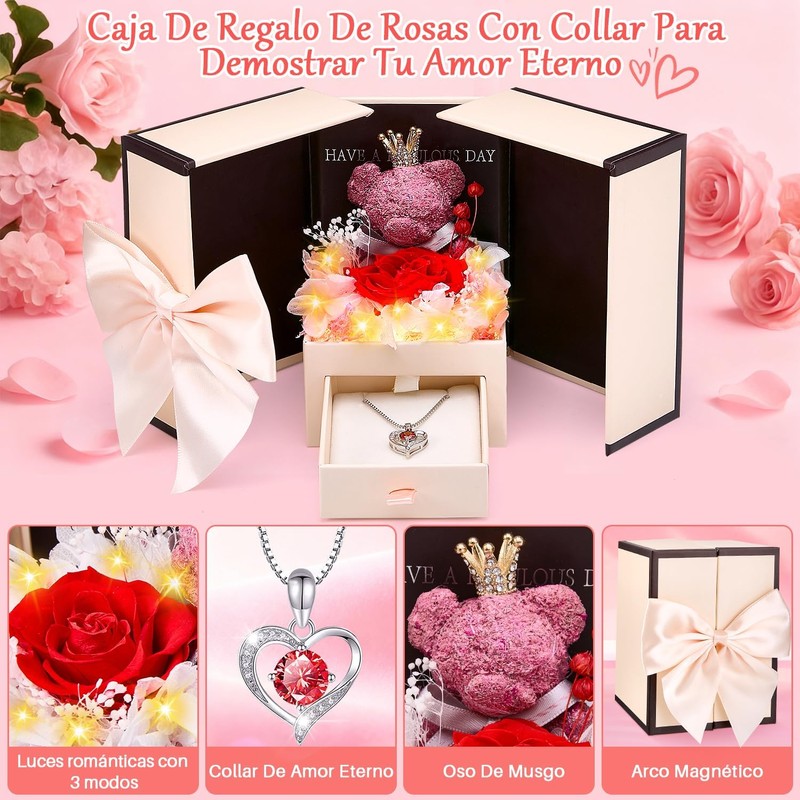 Nasjac Flor Rosa Eterna,Collar y Pendientes,Oso LED,Regalo Ideal para Mujer