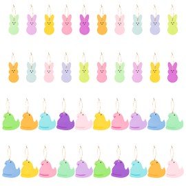 W1cwey Easter Peeps Wooden Hanging Ornament Decoration Set Pendants Ornament for Easter, Hello Spring Candy Chicks Bunny Decors Party Supplies (Bunny)